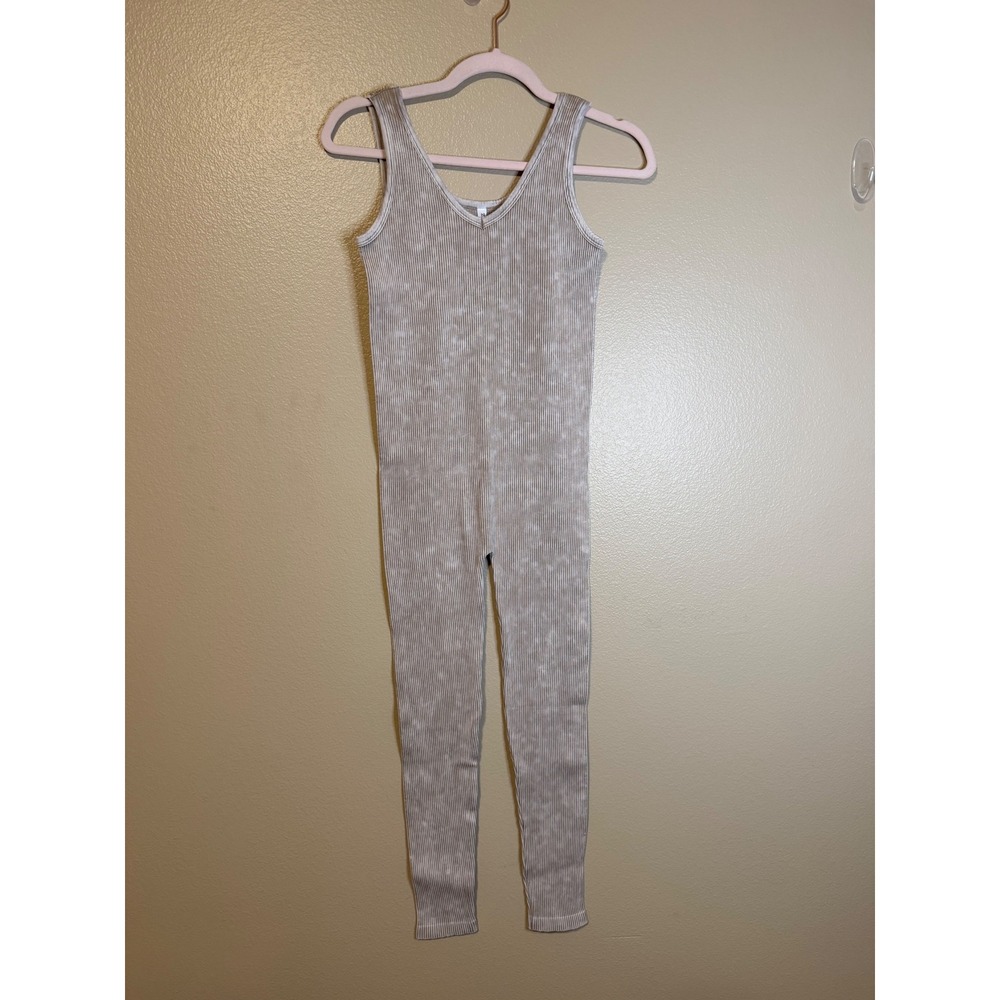 Zenana Tan Mineral Wash Ribbed Knit V-Neck Sleeveless Jumpsuit L/XL NWOT